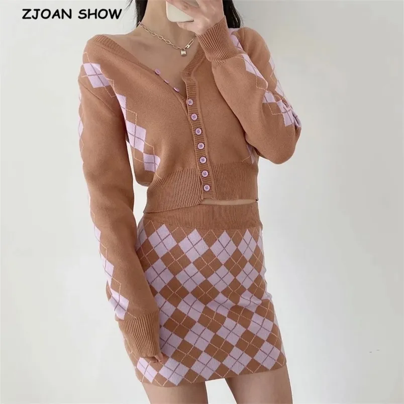 90s Sweaters Argyle Plaid Knit Crop Cardigan Set: Womens Y2K Mini