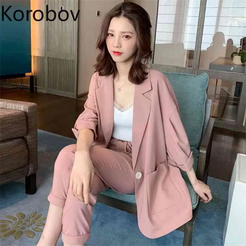 Korobov Women Plus Size Pant Suits Half-sleeve One Button Jacket Blazer + Elastic Waist Pencil Pants Female 2 Pieces Set 78336 210430