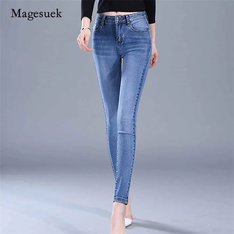 Kvinna skinny denim höga midja byxor svart blå stretch plus storlek tvättad jeans mode elastisk penna kvinnlig 10859 210518