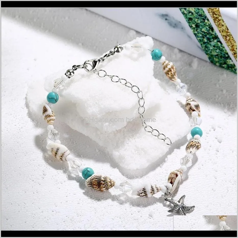 fashion jewelry anklet alloy starfish pendant sea snail white acrylic transparant pearl turquoise bead accessory silver plated chain