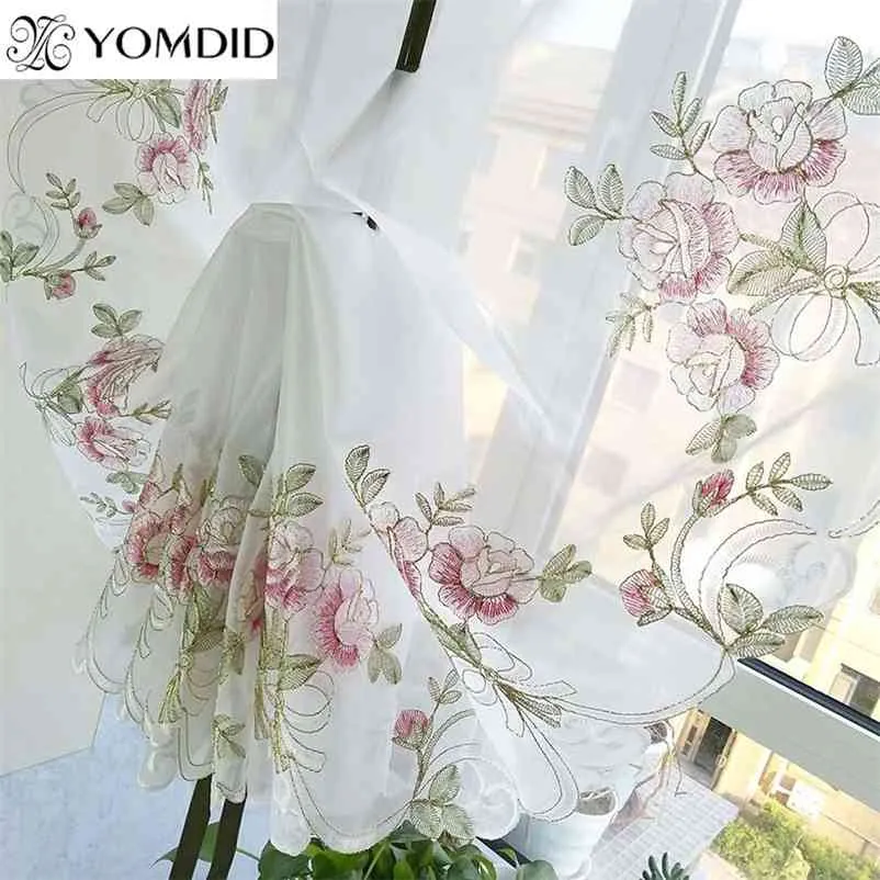 1PC Rose Embroidery Curtain High Quality Ribbon Roman Curtain Home Wave European Living Room Kitchen Balcony Voile Curtain 210913