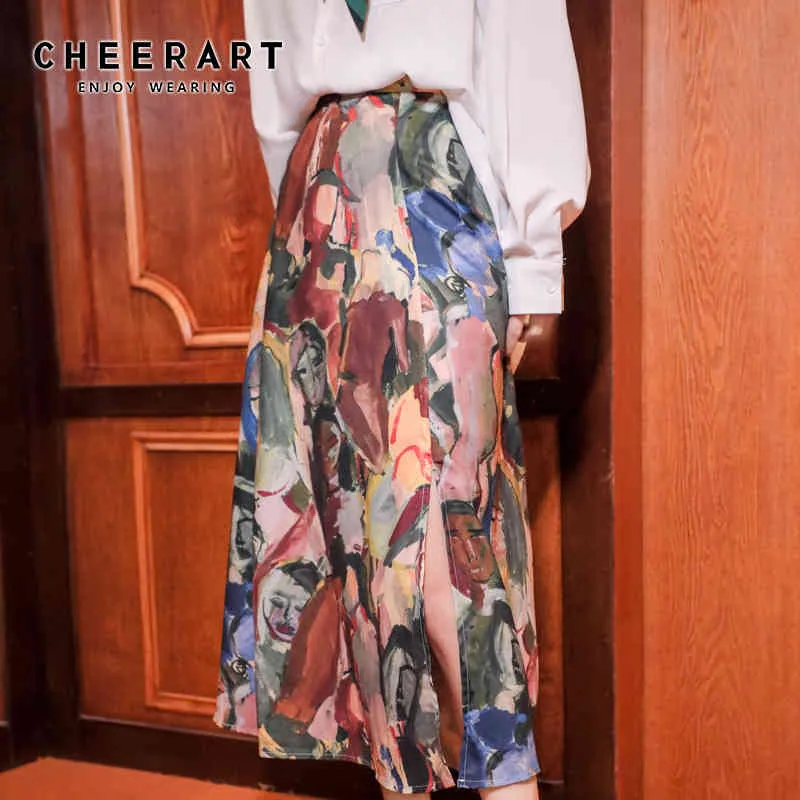 Fall Long Skirts Womens Impressionism Print High Waist A Line Ladies Midi Autumn Clothing 210427