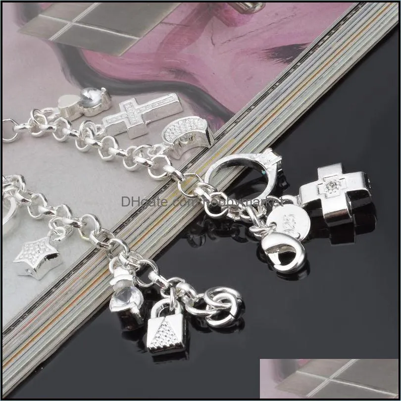 Luxury 925 sterling silver chains bracelets Key lock Cross Rings Star Moon Love Heart charm Lobster clasp bangle For women Fashion