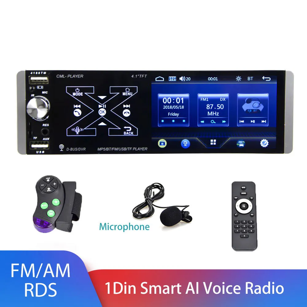 1Din 4.1'' Car Radio Smart AI Voice Support Dual USB FM AM RDS Rear Mic Input Subwoofer Output For Universal MP5 Player