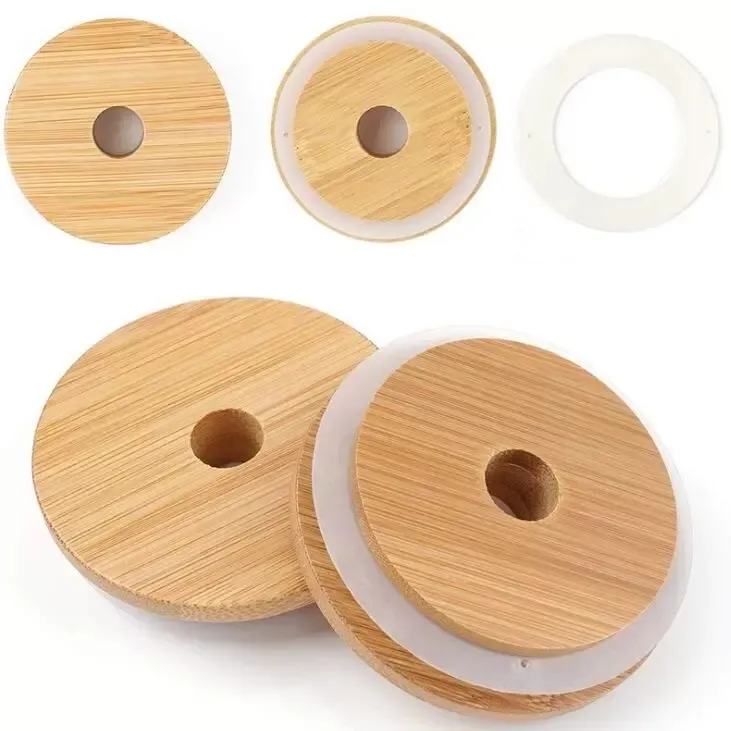 Couvercles en verre de bambou 70 mm 88 mm en bois réutilisable avec trou de paille et joint en silicone DHL Livraison gratuite
