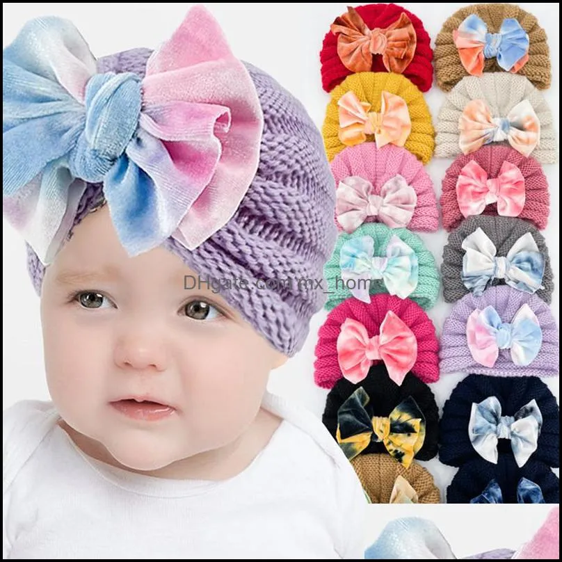 Kepsar hattar tillbehör baby, barn moderskap spädbarn baby hat slips färgämne veet båge headwear barn toddler indisk turban mjuk bekväm autum