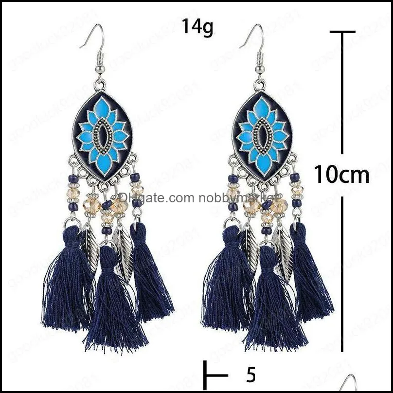 New European and American metal drop oil twin flower ancient style tassel earrings bohemian metal rice bead earrings retro style