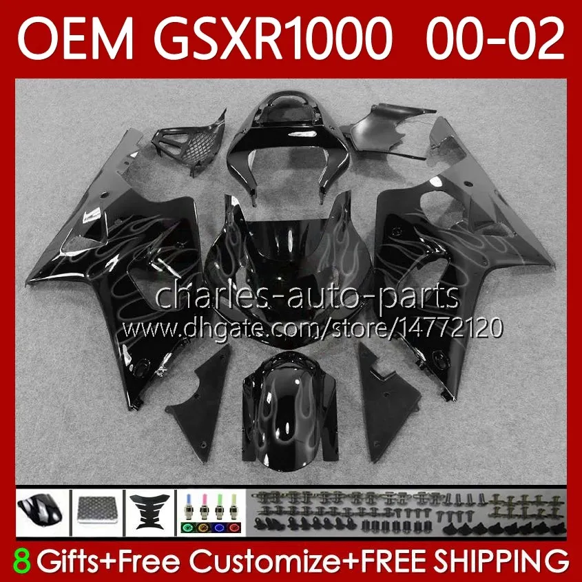 Injection mold Fairings For SUZUKI 1000CC GSXR-1000 GSX R1000 GSXR 1000 CC 00 01 02 Bodywork 62No.74 GSXR1000 K2 2001 2002 2002 GSX-R1000 01-02 OEM Grey flames Body kit