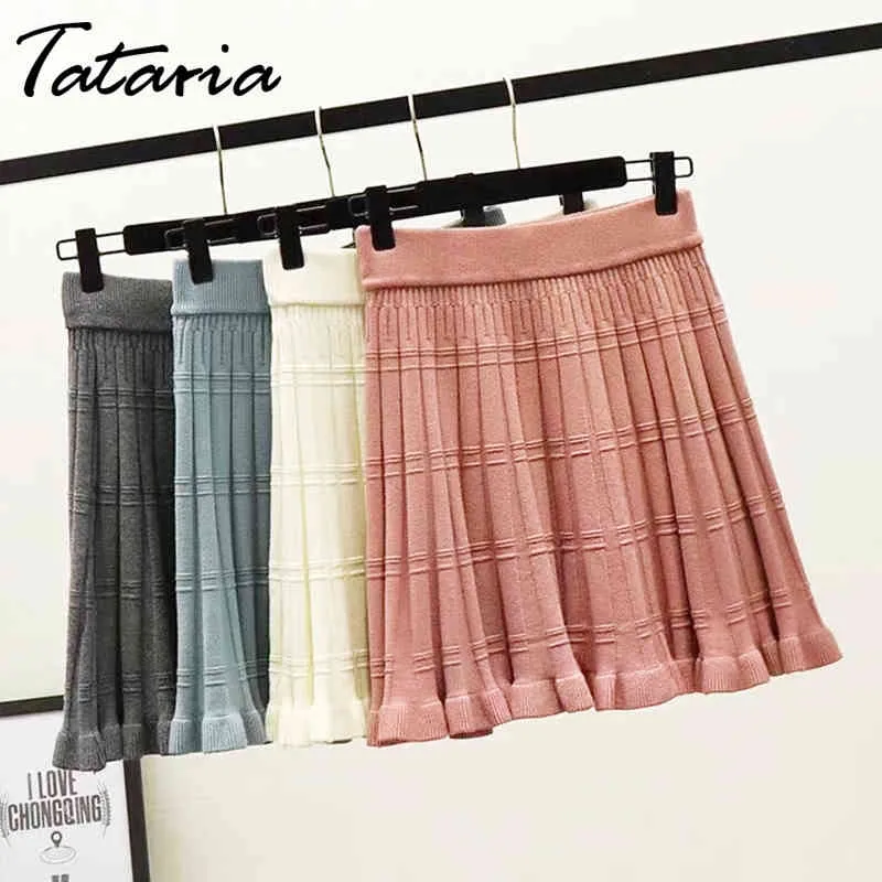Tataria wysoka talia ciepłe plisowane spódnice dla kobiet wiosna i jesień dzianiny spódnicy Eleganckie scyzoryki Mini 210514