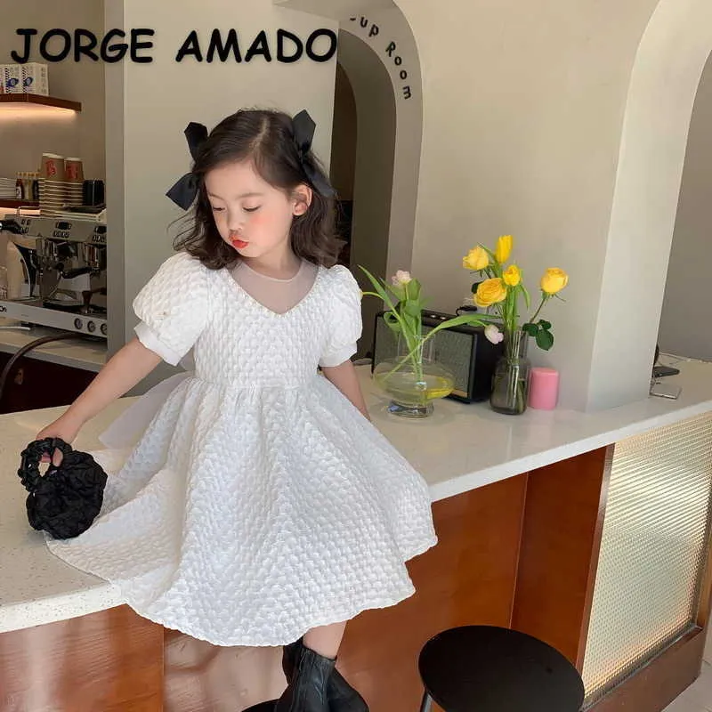 Koreański styl lato dzieci dziewczyny sukienka perły krótkie rękawy puff białe sukienki księżniczki słodkie ubrania E204 210610