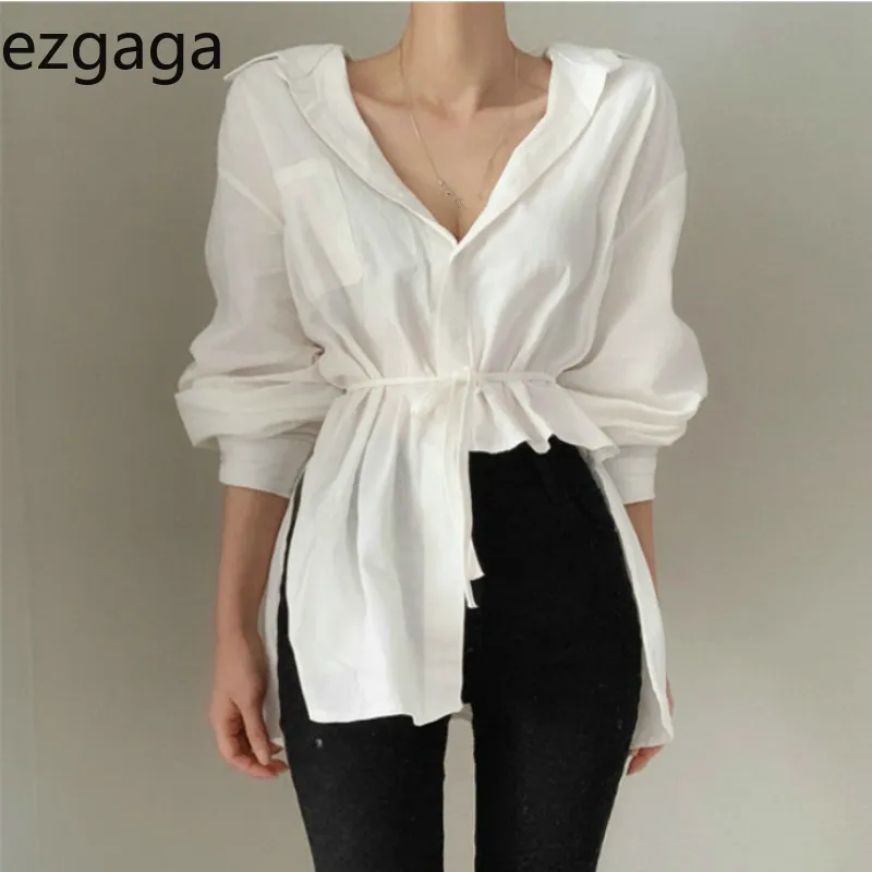 Ezgaga Camicie da donna da ufficio in stile francese Chic Colletto rovesciato Manica lunga Bianco Vita sottile Stringate Camicie irregolari Donna Top 210430