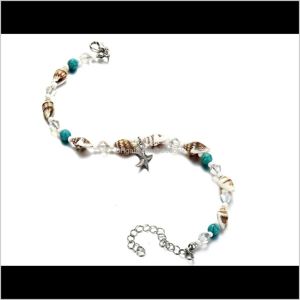 fashion jewelry anklet alloy starfish pendant sea snail white acrylic transparant pearl turquoise bead accessory silver plated chain