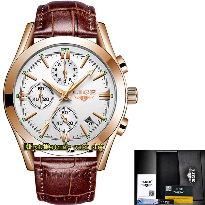 LIGE éternité LG9839 Sport Hommes Montres Date Cadran Blanc Japon VK Quartz Chronographe Mouvement Hommes Montre alliage Or Rose Bracelet En Cuir Marron