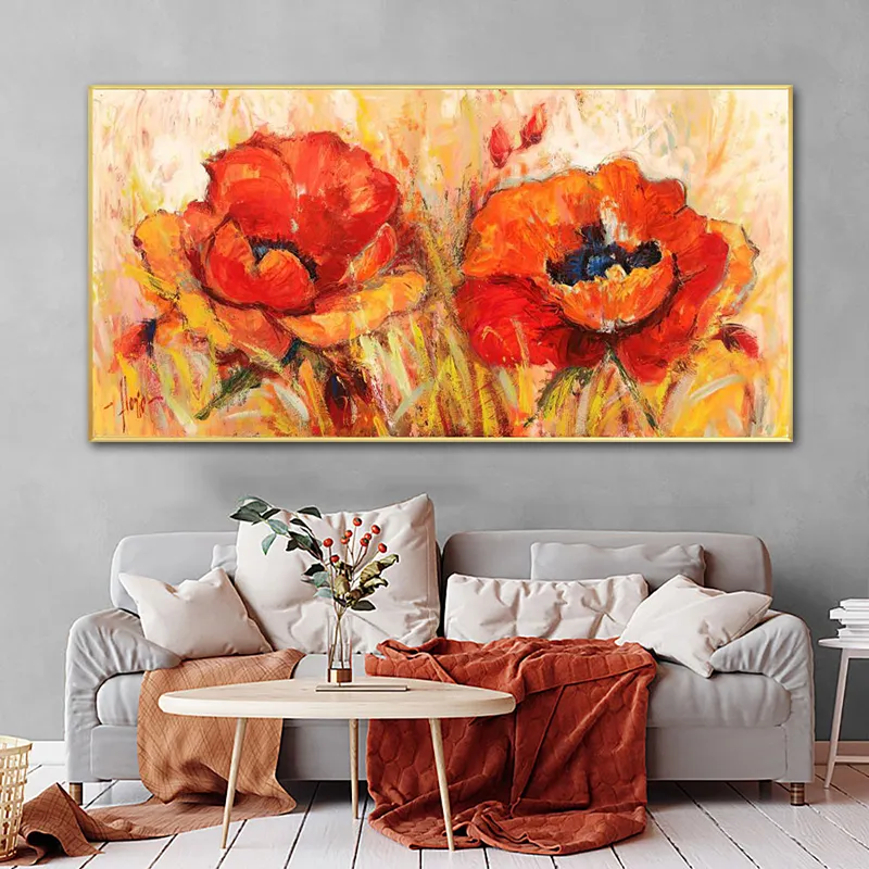 Rote Blumen-Ölgemälde auf Leinwand gedruckt, abstrakte Kunst, Wandkunst, Bilder für Wohnzimmer, Poster und Drucke, moderne Heimdekoration