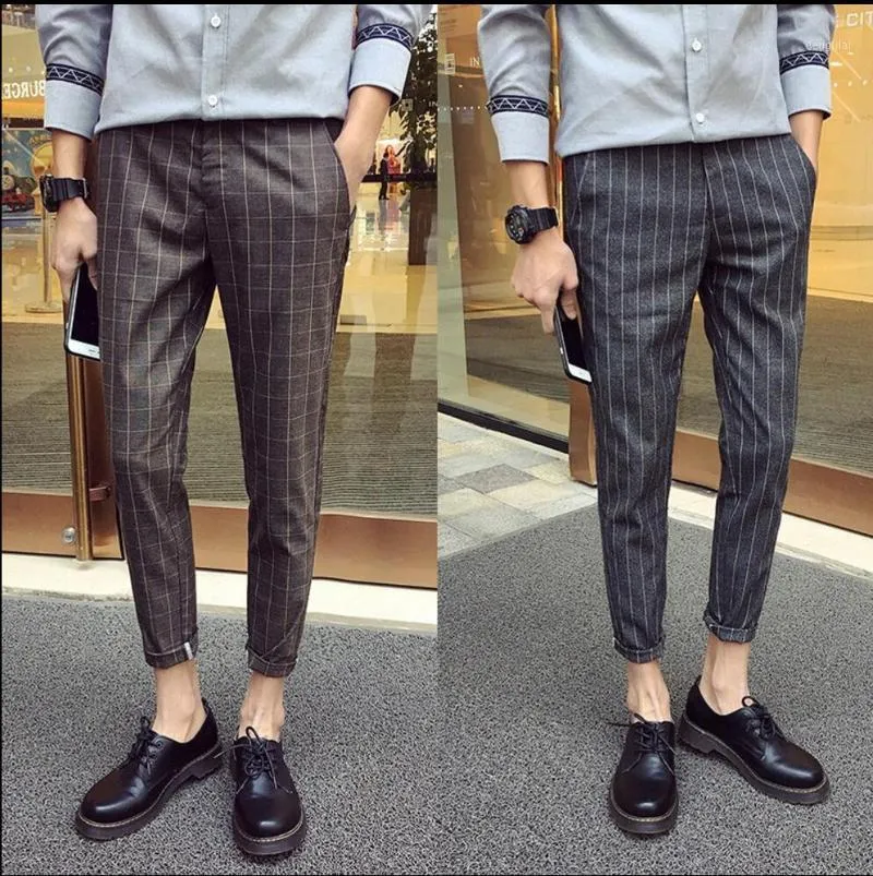 28-42 Summer Men Stripe Fashion Casual Pants 9 Ankle Length Trousers Slim Skinny Harem Hairstylist Personality Costumes Men's