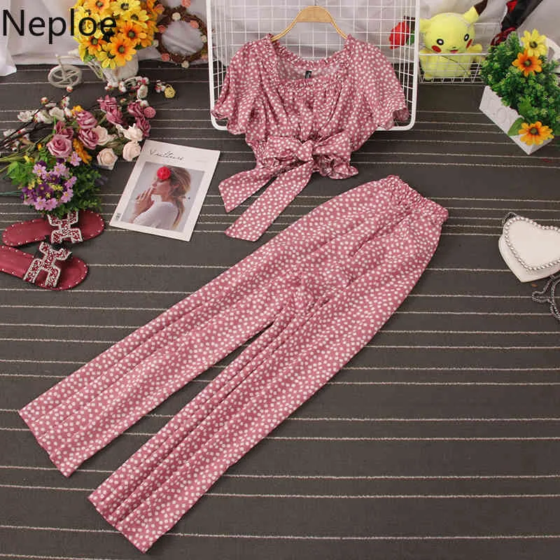 Neploe Deux Pièces Ensemble Femmes Floral Bandage Crop Tops Taille Haute Pantalon À Jambes Larges Costume De Tempérament Coréen Été Femme Roupas 210422