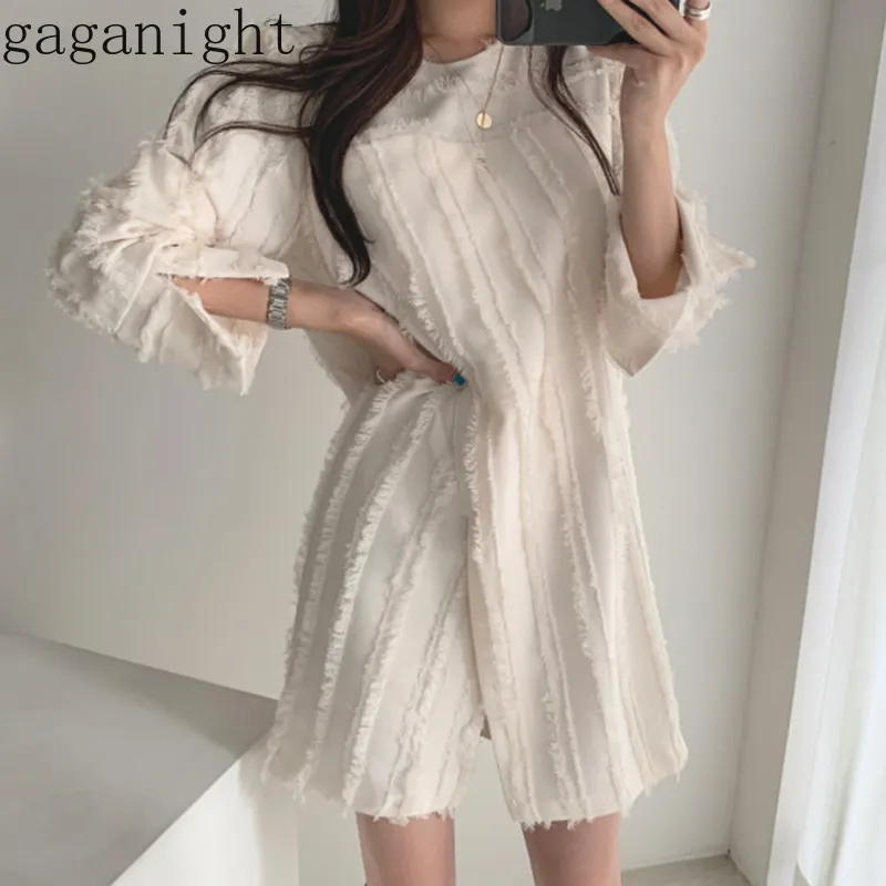 Gaganight Élégant Solide Femmes Robe Courte À Manches Longues O cou Chic Bureau Dame Avant Split Robes Causal Lâche Volants Vestidos 210519