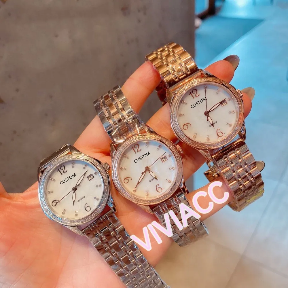 Mulheres Clássicas Geométricas Flor Gráficos Relógios Mãe de Pearl Quartz Clock Aço Inoxidável Zircon Diamante Calendário Relógio 36mm