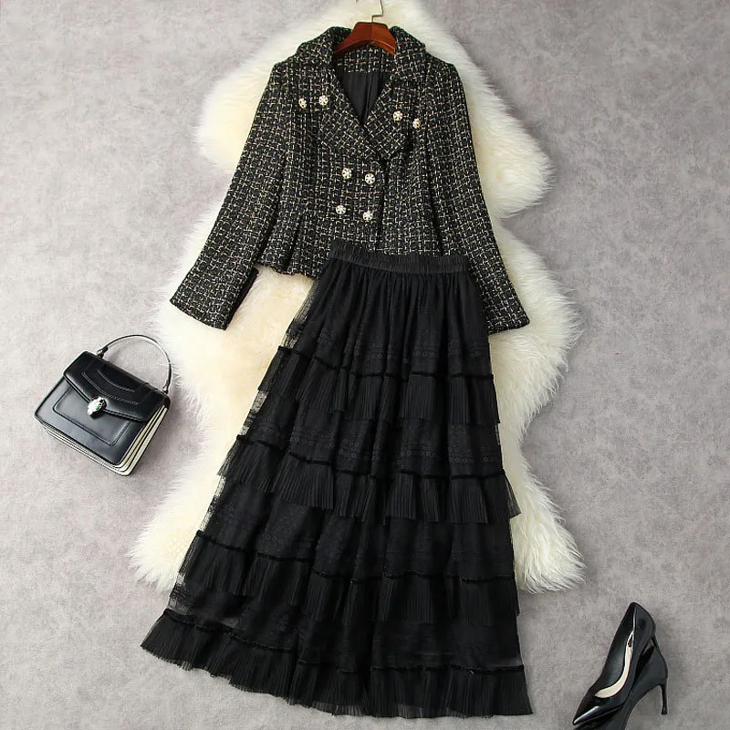 2021 Autumn Winter Long Sleeve Notched-Lapel Black Gold Plaid Tweed Double-Breasted Coat + Lace Tulle Panelled Long Skirt Two Piece Suits 2 Pieces Set 21S2312671