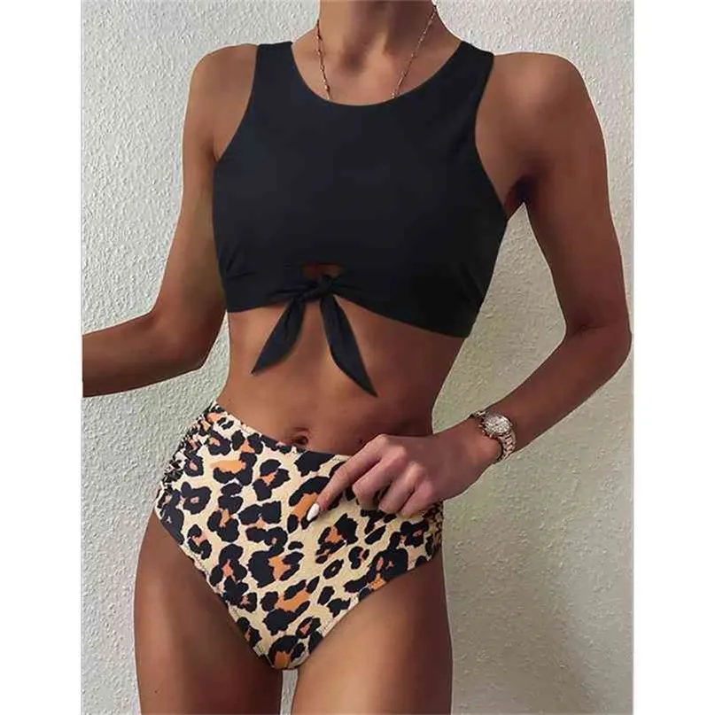 High Waist Bikini Leopard Swimsuit Women Floral Print Neck Push Up Swimwear Snake Bathing Suit 210702