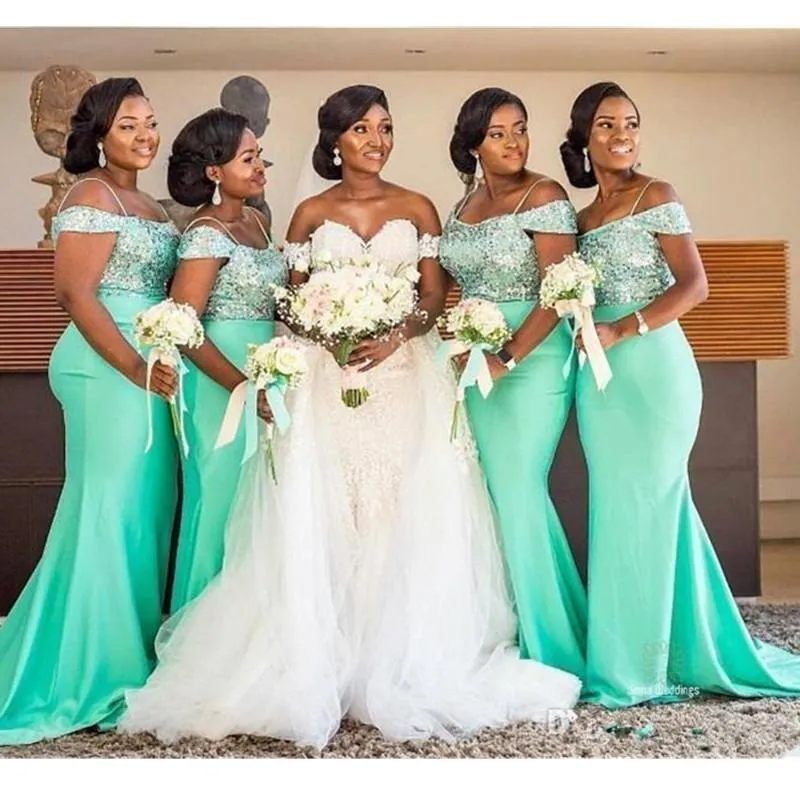 Glitter Lovertjes Satijn Afrikaanse Bruidsmeisjes Jurken Off Shoulder Sexy Mermaid Wedding Guest Prom Jurken Maid of Honor Dress