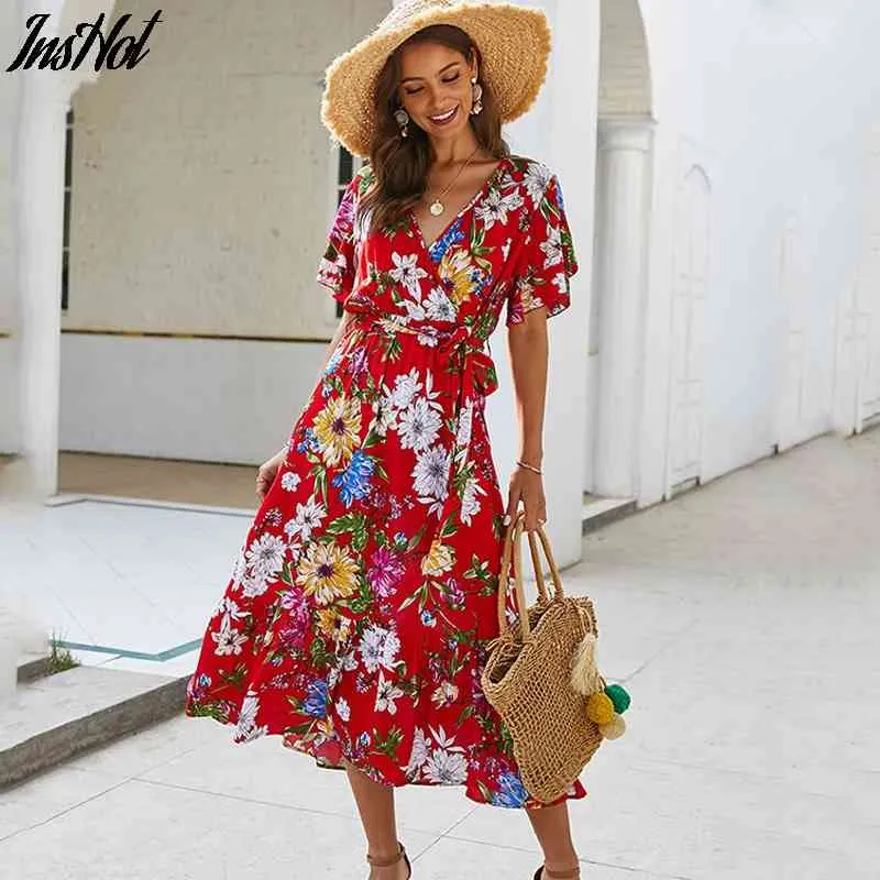 Kvinnor Floral Print Beach Dress Sommar Boho Maxi Sundress Kortärmad Elegant V-Neck Partywear Vestidos Vacation Dresses 210514