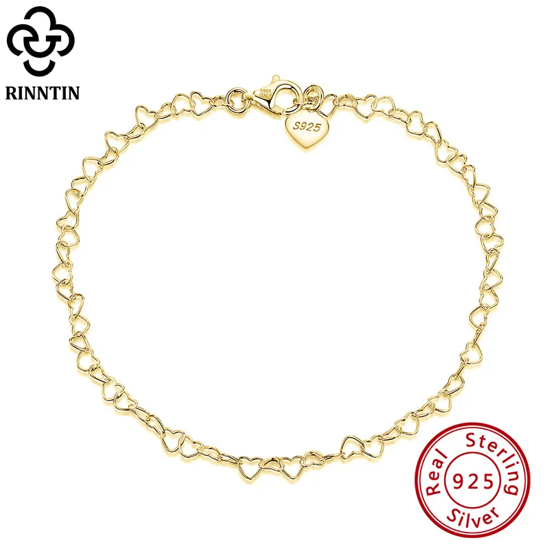 Rinntin 925 Sterling Heart Chain Anklet för kvinnor Tjej Modefot Armband Sommar Sexiga Silver Ankelband Smycken Sa10