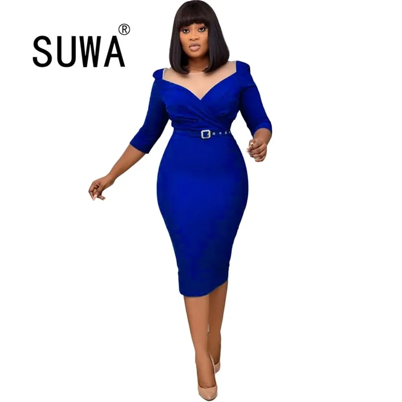 Autumn Sexy Women Office Dress Fashion V-neck Long Sleeved Collocation Belt Professional OL African Plus Size Wild 210525