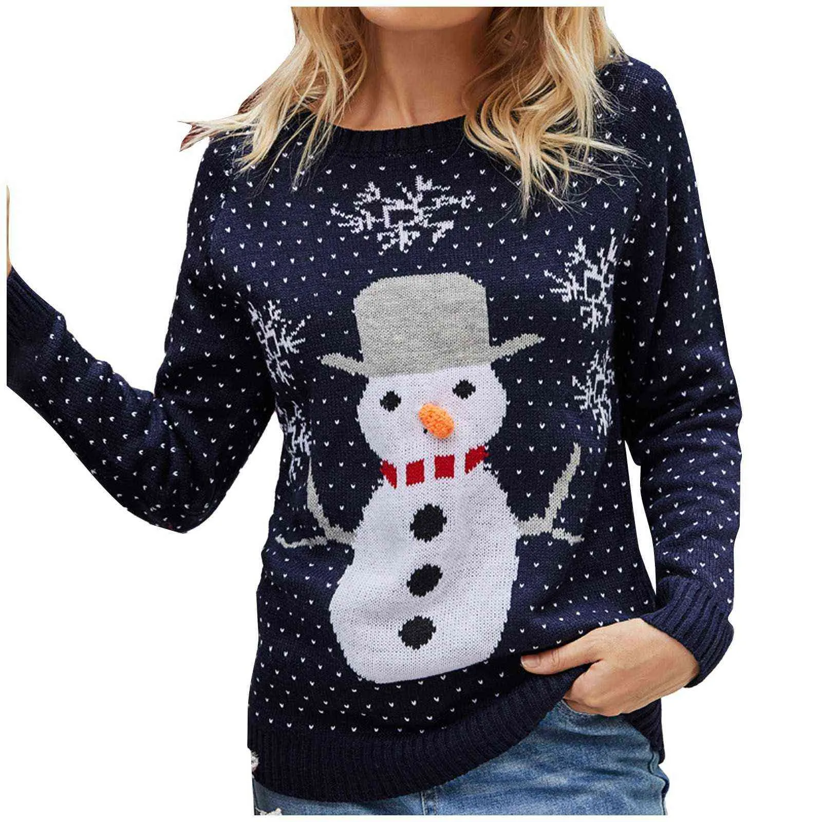 Women Sweaters Little Snowman Pattern Christmas Knitted Sweater Snowflake Round Neck Pullover Christmas Sweater Y1110