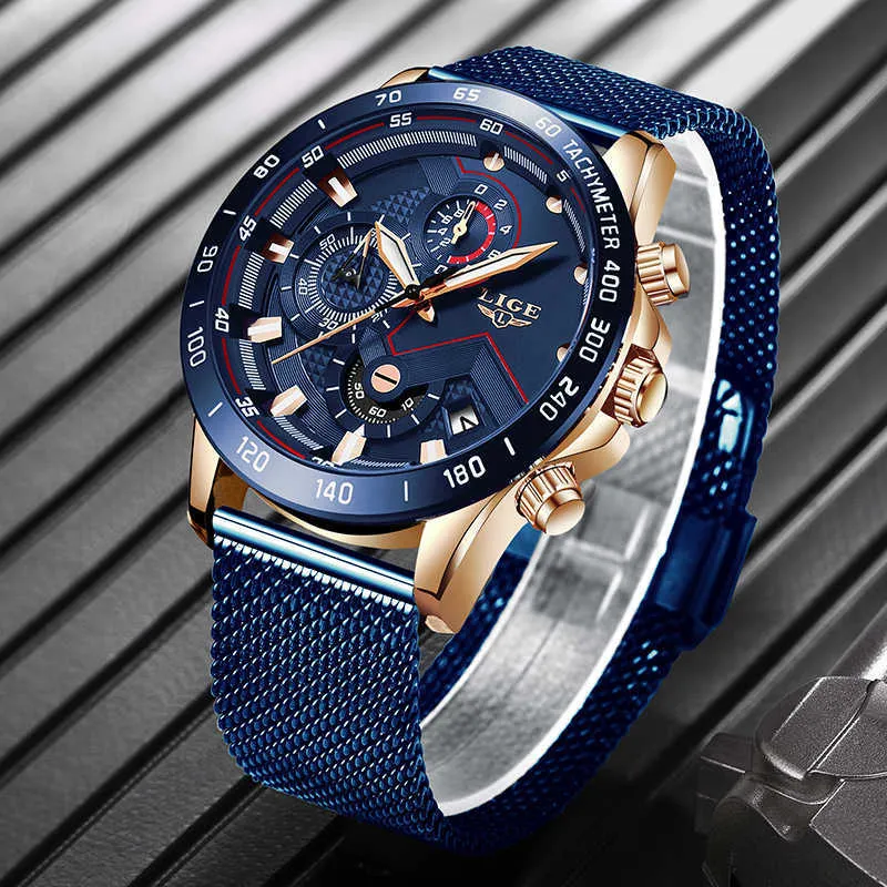 Mens Watches Top Brand Luxury LIGE All Steel Mesh Belt Blue Watch Men Waterproof Sport Chronograph Casual Quartz Clock 210527