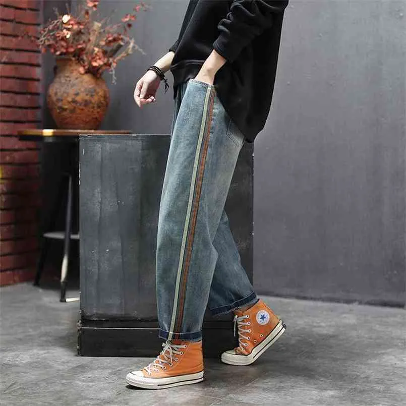 Arrival Spring Women Elastic Waist Loose Jeans All-matched Casual Cotton Denim Harem Pants Side Stripe Vintage S612 210720