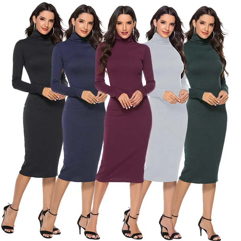 Turtleneck Midi Bodycon Vestido Outono Mulheres Casual Manga Longa 5xl Plus Size Vestidos Slim Elastic Feminino Vestidos 210507