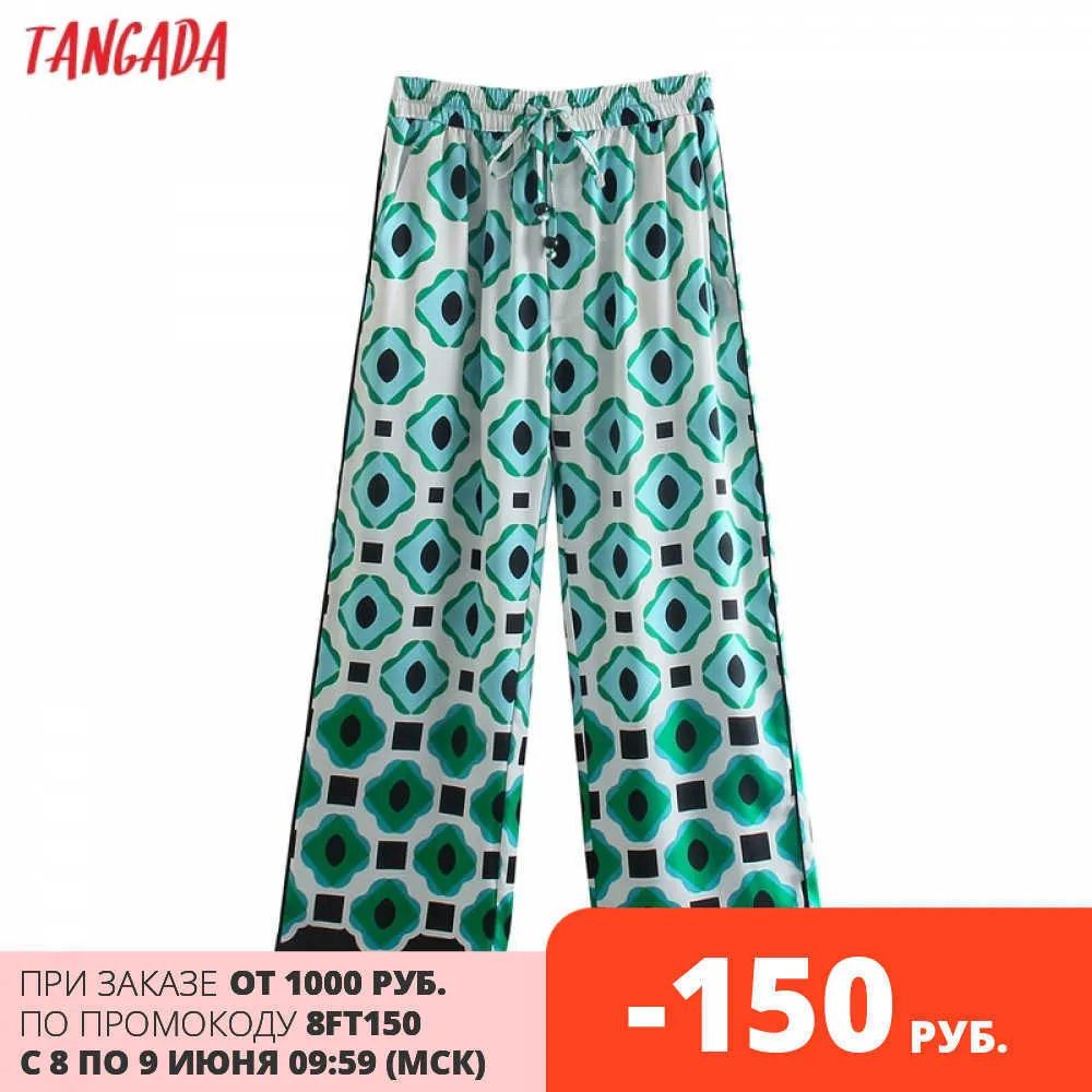 Tangada Frauen Grün Geometrie Druck Breites Bein Lange Hosen Hosen Vintage Stil Strethy Taille Dame Hosen Pantalon 5Z137 210609