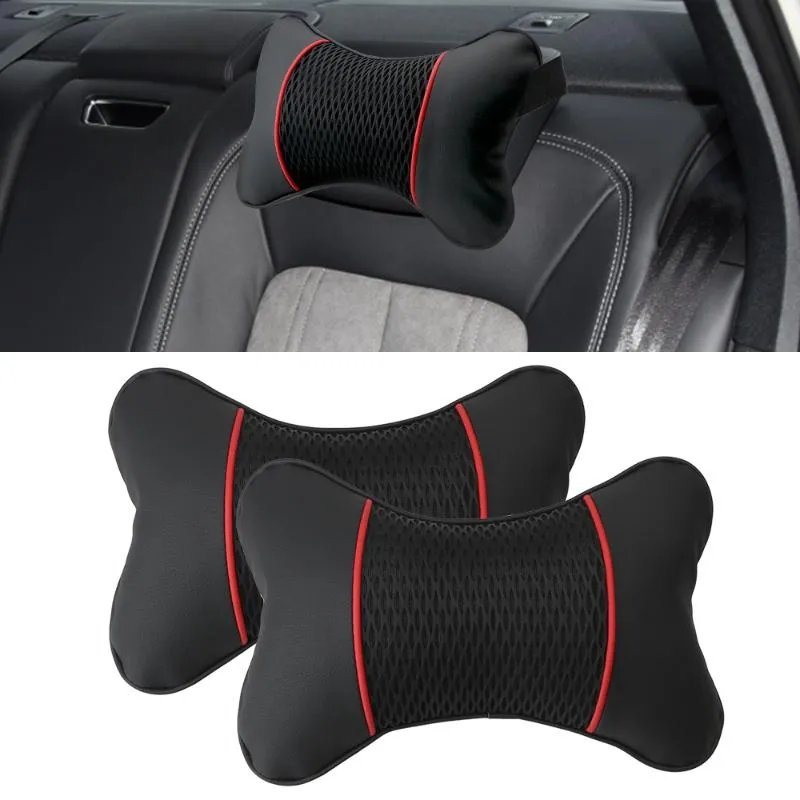 Coussins de siège 2pcs Accessoires de voiture Intérieur Appui-tête Oreiller Support PU Cuir Tricoté Voyage