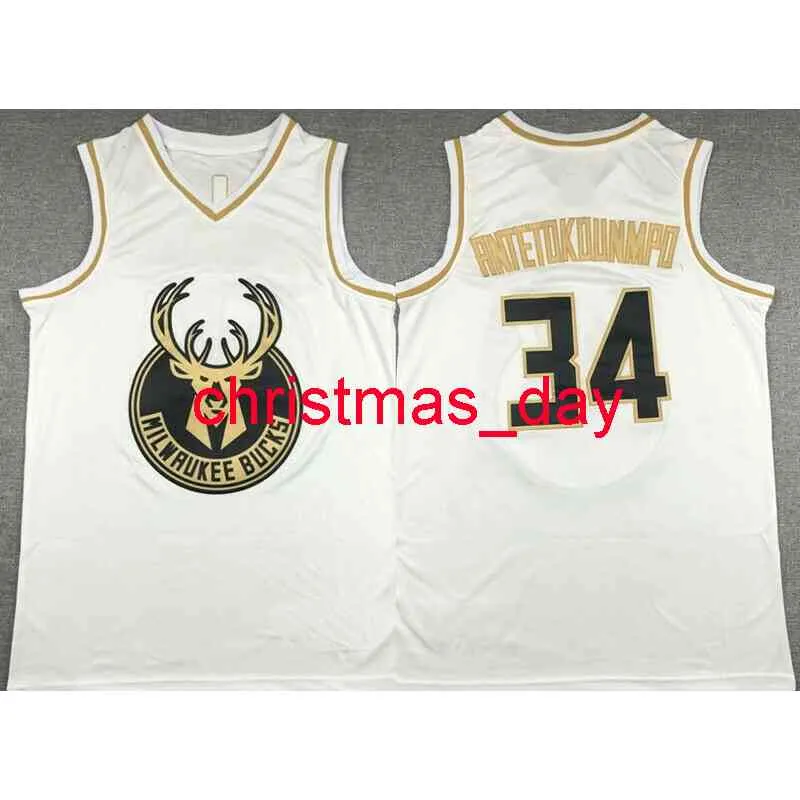 Gestikte Custom Giannis AntetokounMpo # 34 White Gold Jersey Heren Dames Jeugd Basketbal Jersey XS-6XL