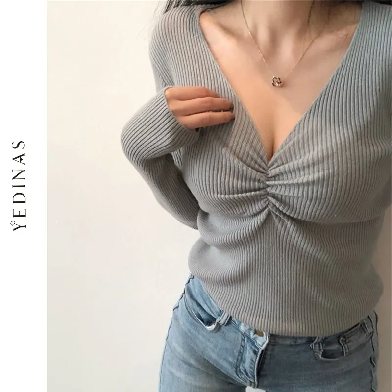 Yedinas Sexig Deep V-Neck Sweater Kvinnor Solid Pullover Höst Slank Koreansk Stil Av Axel Chic Sticka Toppar 210527