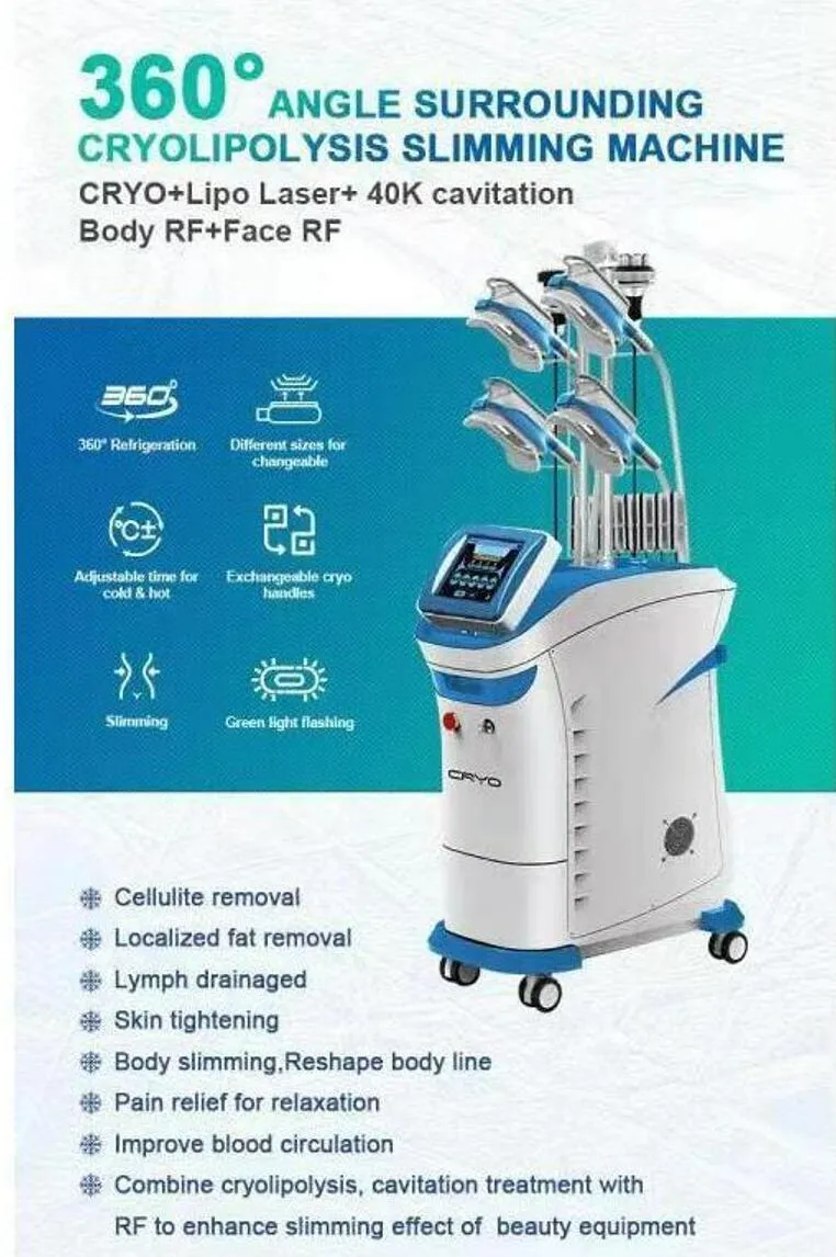 Directly weight loss slimming Cryo cryotherapy 4 handles working together Cryolipolysis+Cavitation+RF+lipolaser double chin removal with 5 handle Machine