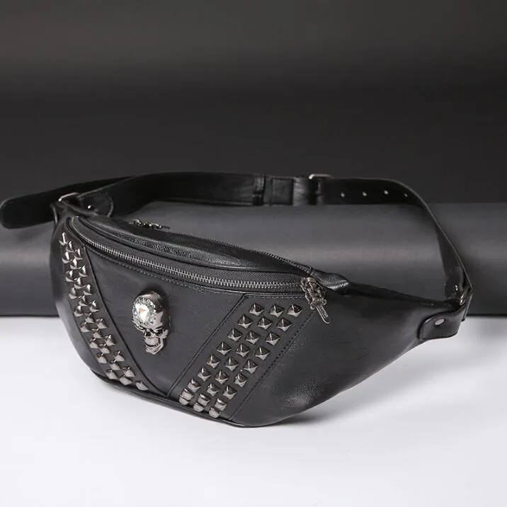 Fabrik Großhandel Marke Männer Handtasche Persönlichkeit Niet Punk Brusttasche Street Fashion Geisterkopf Herren Taschen Mode Leder Rücken Reittaschen