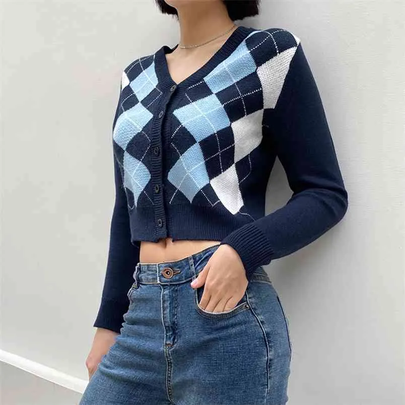 Argyle Button-Down Dzianiny Kardigan Swetry Dla Kobiet Z Długim Rękawem Zima Moda Jesień Ubrania Koreański Coat Crop Top Femal 210510