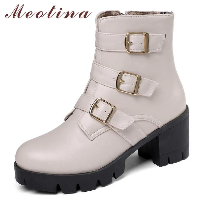 Meotina Zimowe buty Motocyklowe Kobiety Buty Klamra Kwadratowa Kostki Kostki Buty Zipper Okrągłe Toe Buty Lady Upadek Duży Rozmiar 34-45 210608