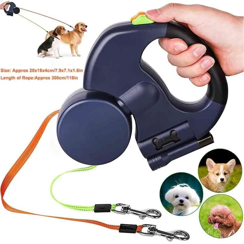 Dog riemen Automatische uitschuifbare flexibele kat tractie touw Dubbelhoofdige leiband Dual heading hand holding met LED Light D30 210729