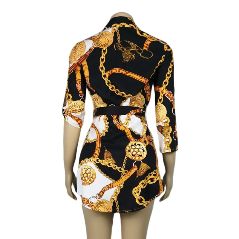 chains print belted casual shirt dress Black & Gold Chain Print Belted Shirt Dress