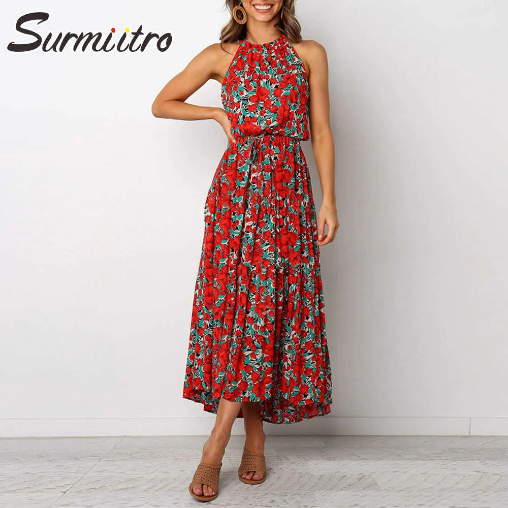 Surmitro Sexy Boho Kobiety Lato Halter Długa Dress Floral Print Bez Rękawów Sundress Tunika Plaża Party Sun Maxi Dress Kobieta 210712