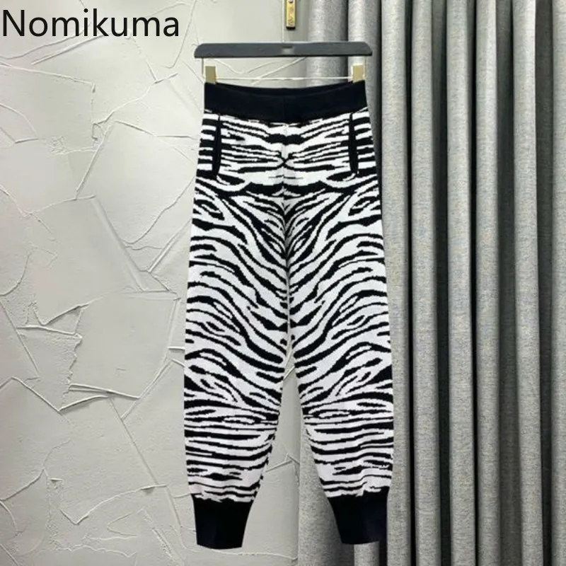 Nomikuma 패션 얼룩말 스트라이프 니트 바지 한국어 높은 허리 여성 스웨터 바지 인과 원인 새로운 긴 땀 바지 6e048 210427