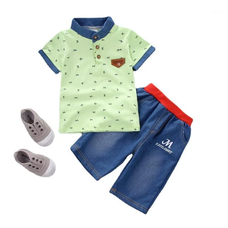 Toddler Girl Summer Set 2021 Crown Full Print Kortärmad Skjorta + Shorts Kid Baby Boys Gentleman Casual Kläder Ställer Kläder