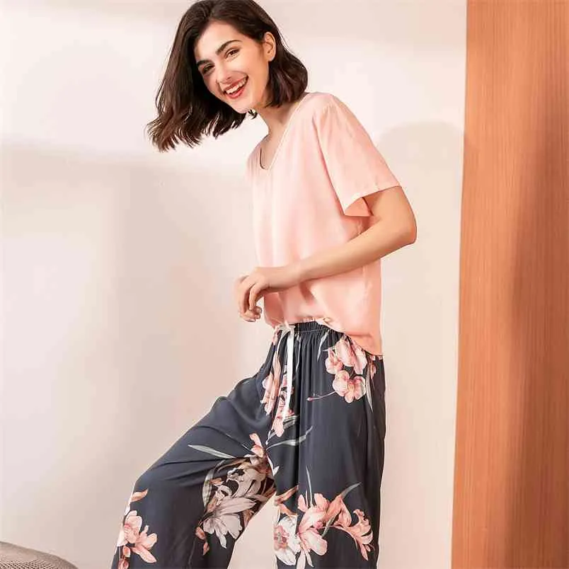 Summer Pajamas Set Women Comfortable Cotton Viscose Contrasting Color Short Sleeve Tops with Long Trousers Ladies Pj 210830