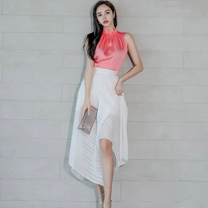 LLZACOOSH verano rosa sin mangas cuello alto Tops + elegante cintura alta irregular blanco oficina falda 2 uds conjuntos 210514