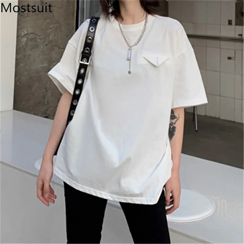 Yaz Üçgen Cebi Kadın T Gömlek Üstleri Kısa Kollu O-Boyun Katı Gevşek Tees Kore Moda Kadın T-Shirt 210513
