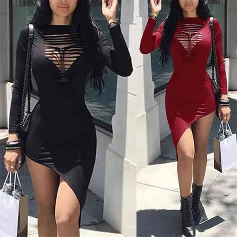 Unregelmäßige Sexy Street Style Kleid Dame Mode Outfits Kleidung Langarm Einfarbig Aushöhlen Pullover O Neck Mini Vestidos 210517