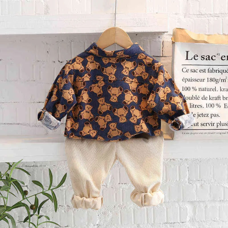 Sonbahar Bahar Bebek Erkek Moda Karikatür Giyim Seti Çocuk Takım Elbise Printte Gömlek Pantolon 2 adet / takım Çocuk Giyim Seti 1 2 3 4 5 Yıl G220310